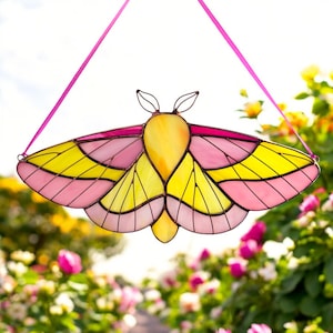 Rosy maple moth stained glass suncatcher / Butterfly wall art gifts for her / Custom stained glass window hangings / Butterfly memorial