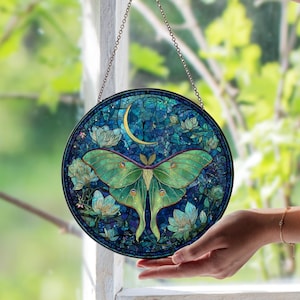 Lunar Moth and Moon Stained Glass Window Suncatcher – Celestial Nature Decor Panel | Mystical Moth Art | Unique Gift for Moon Lovers