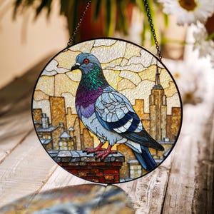 City Pigeon Stained Glass Style Window Suncatcher Urban Bird Gift for Housewarming or Christmas