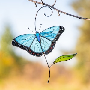 Blue moprho Butterfly stained glass window hangings Godmother gift Butterfly artwork Modern stained glass butterfly Custom suncatcher