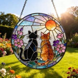 Charming Black Orange Cat Couple Garden Suncatcher Stained Glass Dog Pet Window Hanging Glass Ornament Mom Gift