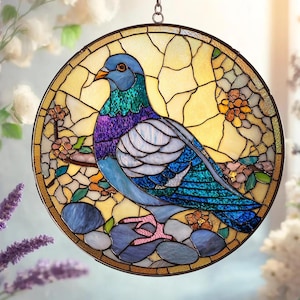 Mosaic Pigeon Bird Art Round Stained Glass Suncatcher, Urban Bird Gift for Housewarming or Christmas