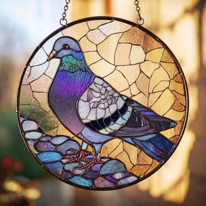Mosaic Pigeon Bird Art Round Stained Glass Suncatcher Window Hanging Gift for Bird Lovers