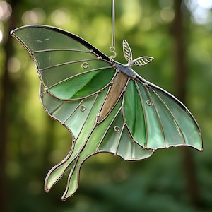 Handmade Luna Moth Window Hangings Stained Glass, Butterfly Moth Emerald Green Suncatcher Gift