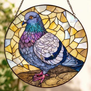 Mosaic Pigeon Bird Art Round Stained Glass Suncatcher Window Hanging Gift for Bird Lovers, Animal Lovers, Natural Decor, Gift For Him