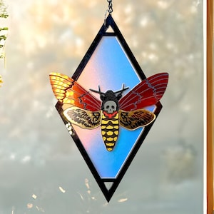 Death’s Head Moth Suncatcher – Handmade Acrylic Wall Art with Glow Skull | Gothic Oddity Decor | Black or Gold Frame