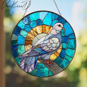 Mosaic Pigeon Bird Stained Glass Suncatcher, Round Window Hanging, Gift for Bird Lovers, Anniversary Gift Birthday Gift For Mom Grandma