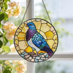 Pigeon Bird Stained Glass Suncatcher, Purple Blue Bird Suncatcheres, Family Gift, Birthday Gift, Housewarming Gift, Home Decor