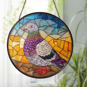 Mosaic Pigeon Bird Art Round Stained Glass Suncatcher Window Hanging Gift for Bird Lovers