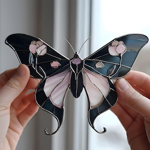Black Luna Moth Stained Glass Suncatcher, Gothic Window Hanging