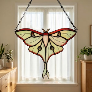 Moon Moth Stained Glass Suncatcher, Luna Moth Butterfly Window Hanging, Handmade Butterfly Glass Art for Sunlit Window Home Decor