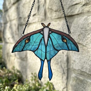 Luna Moth Stained Glass Suncatcher, Handmade Moth Window Art, Blue Green Glass Sun Catcher, Nature Inspired Home Decor Gift for Mom Her