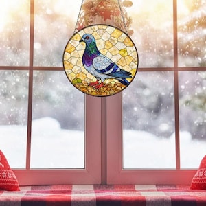Stained Glass Pigeon Suncatcher, Round Bird Window Hanging, Mosaic Style Glass Art, Nature Lover Gift, Bird Lover Home Decor