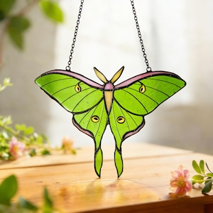 Stained Glass Luna Moth Sun Catcher Green Butterfly Window Hanging Gift for Garden Home Decor, Birthday Gift for Her
