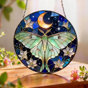 Moon Moth Window Suncatcher, Handmade Stained Glass Decor, Round Window Hanging Decor, Meaningful Gift for Mom or Her