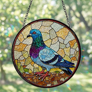 Mosaic Pigeon Stained Glass Suncatcher, Round Bird Window Hanging, Colorful Avian Art Decor, Gift for Bird Lovers, Home Sun Catcher