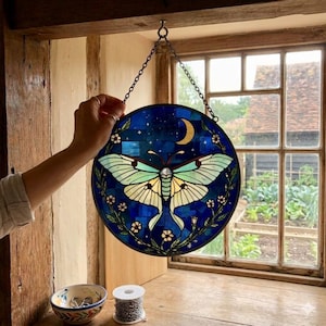 Luna Moth Stained Glass Suncatcher, Celestial Moon Butterfly Window Hanging, Night Sky Sun Catcher, Cottagecore Nature Decor