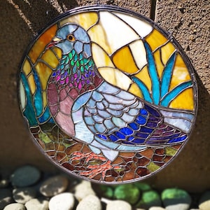 Pigeon Stained Glass Suncatcher, Bird Window Hanging Decor, Wildlife Art Panel